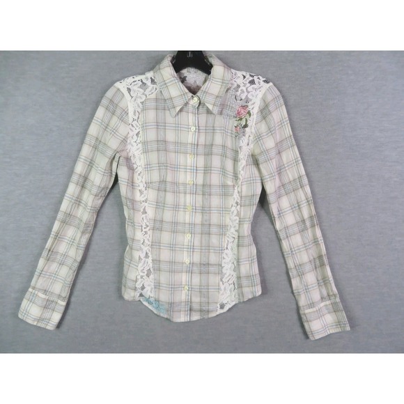 Johnny Was Shirt  XS Plaid Lace Floral‎ Trim Chic Cottage Core Boho Embroidered - Picture 2 of 16